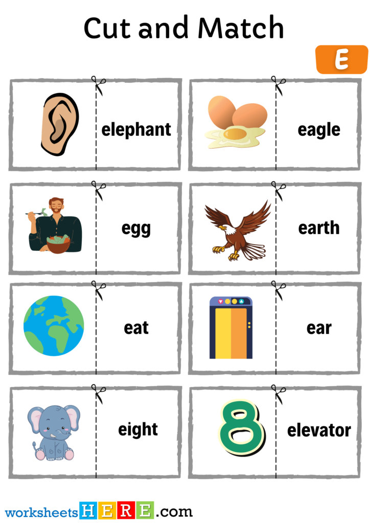 Cut and Match Alphabet Letter E with Pictures Activity Worksheets For ...