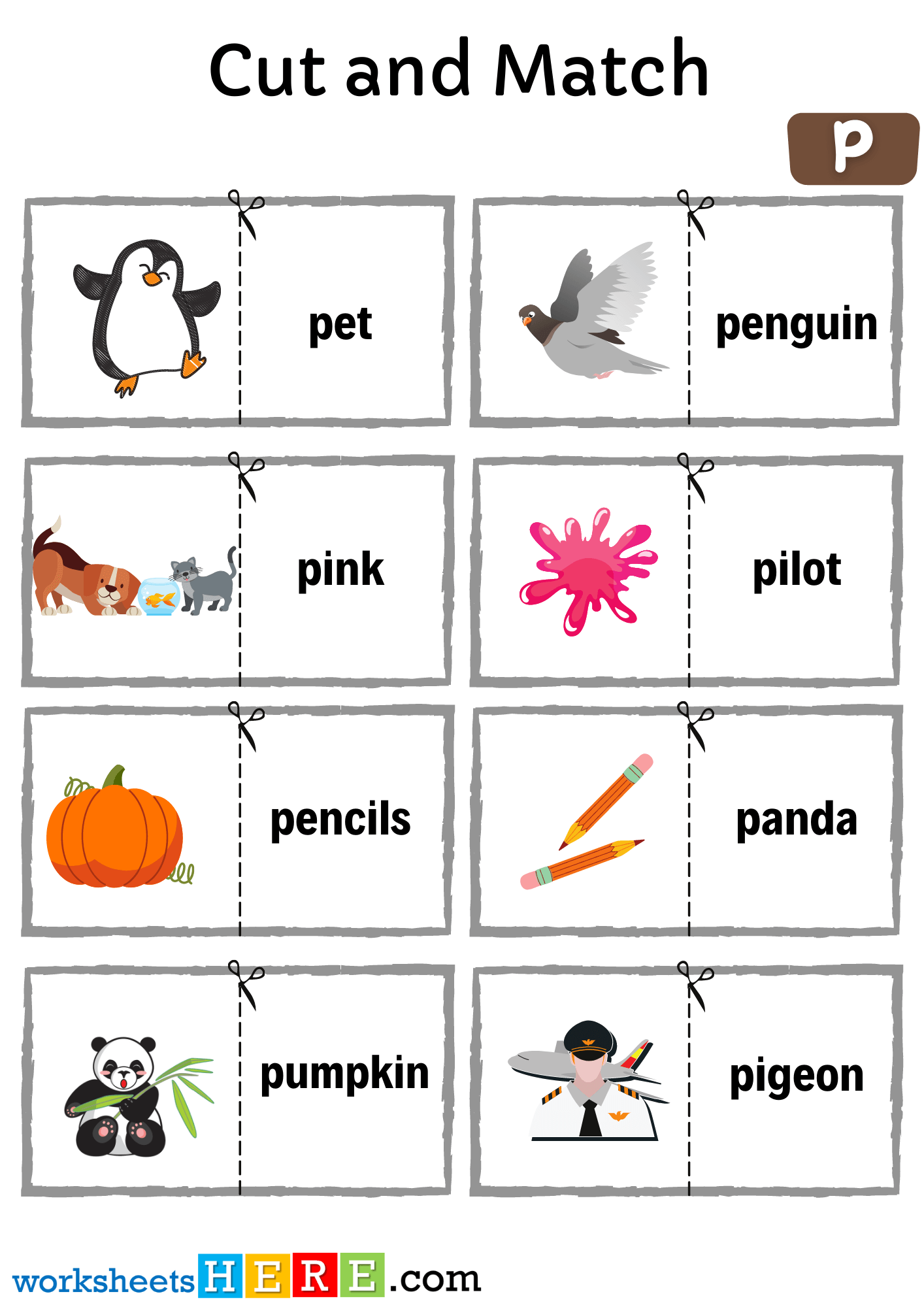 Cut and Match Alphabet Letter P with Pictures Activity Worksheets For Kids