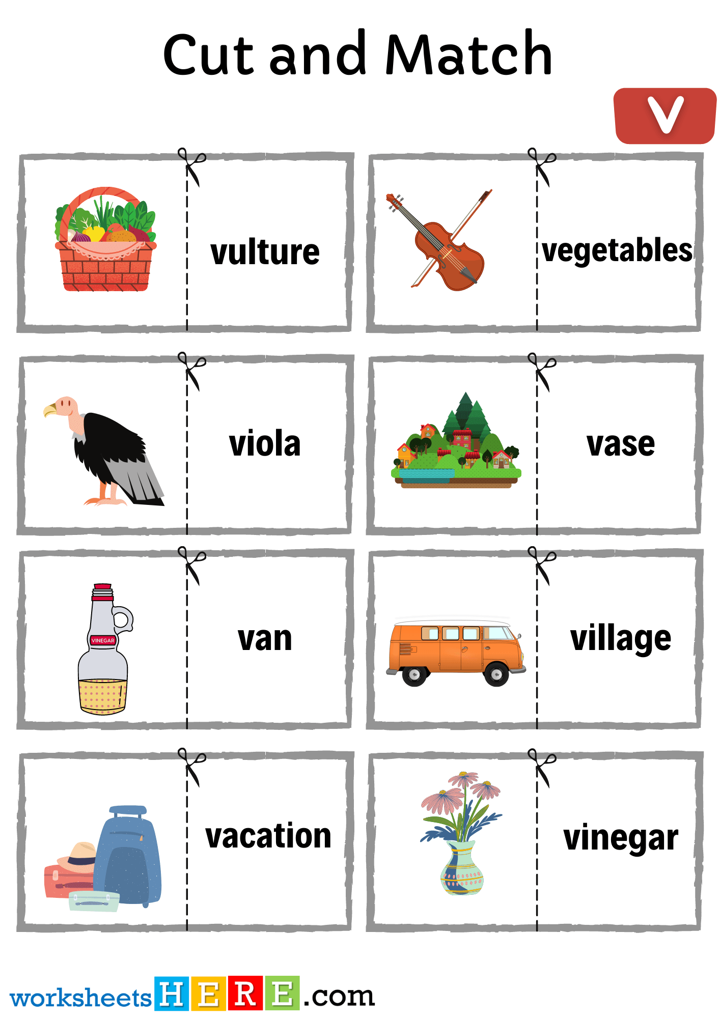 Cut and Match Alphabet Letter V with Pictures Activity Worksheets For Kids