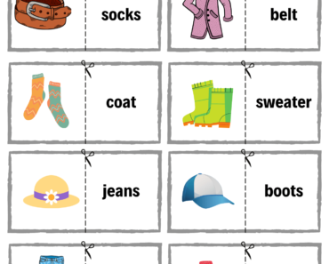 Cut and Match Clothes Words with Pictures Activity Worksheets For Kids