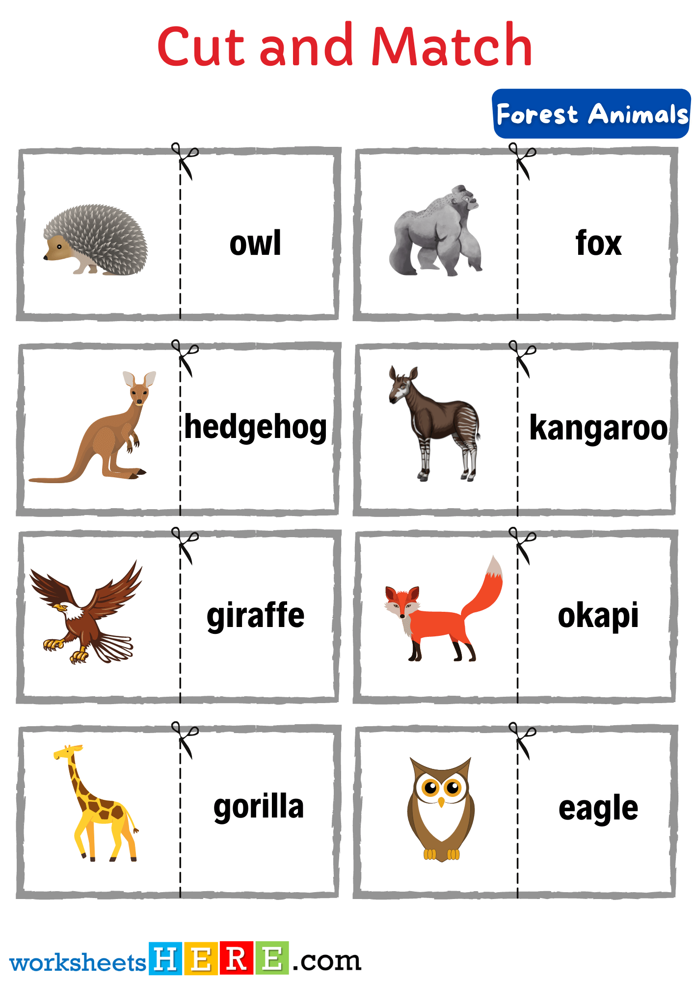 Cut and Match Forest Animals Words with Pictures Activity Worksheets For Kindergarten