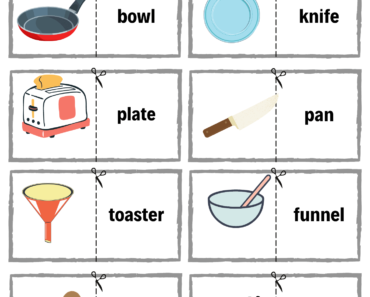 Cut and Match Kitchen Tools Names with Pictures Activity Worksheets For Kids