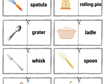 Cut and Match Kitchen Tools Words with Pictures Activity Worksheets For Kids