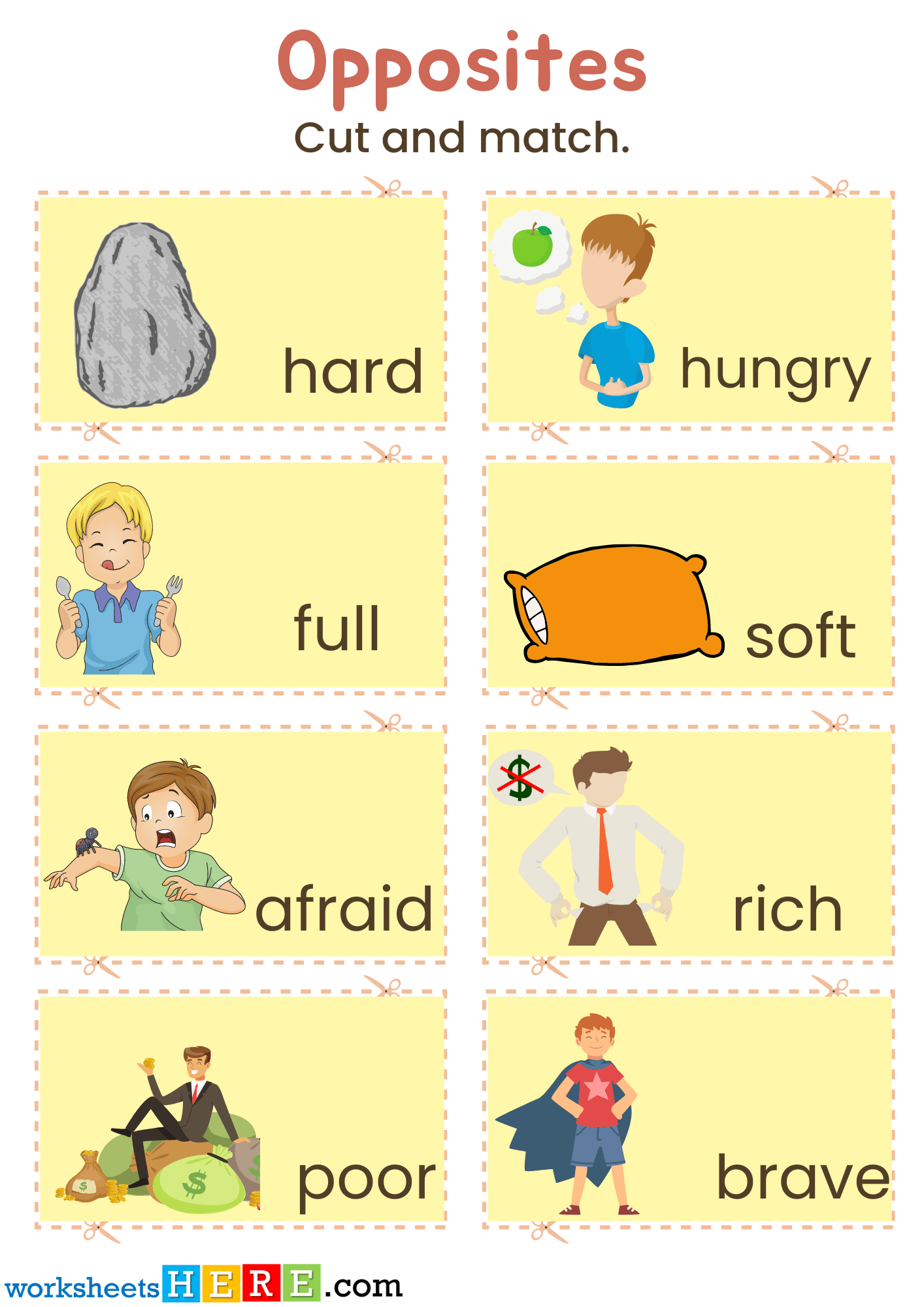 Cut and Match Opposite Words with Pictures PDF Worksheets For Kids