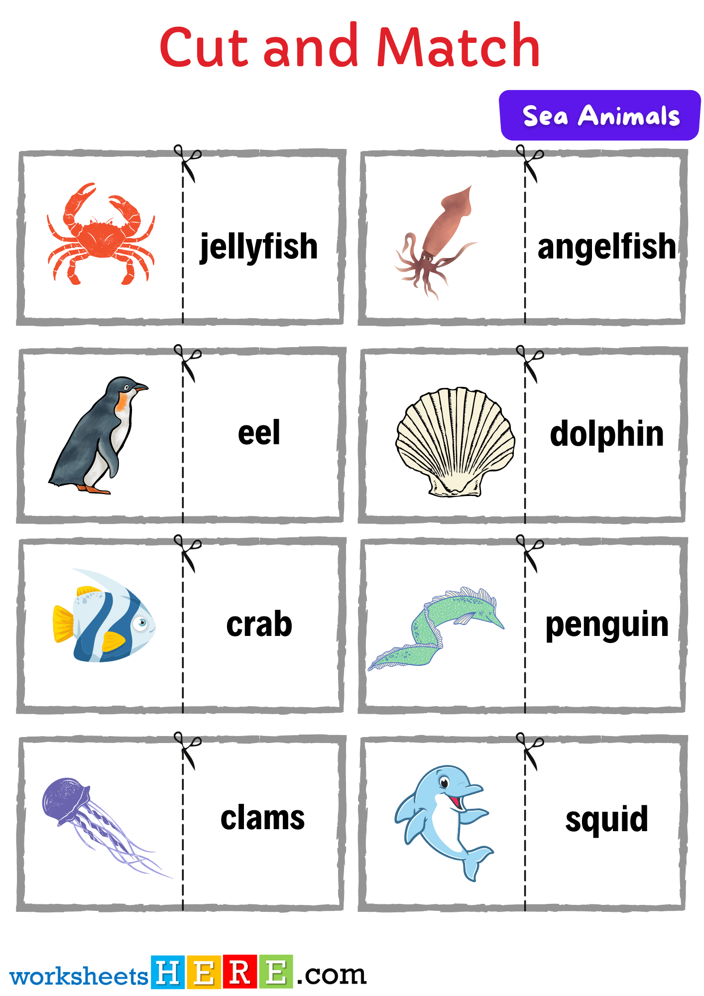 Cut and Match Sea Water Animals Words with Pictures Activity Worksheets For Kids