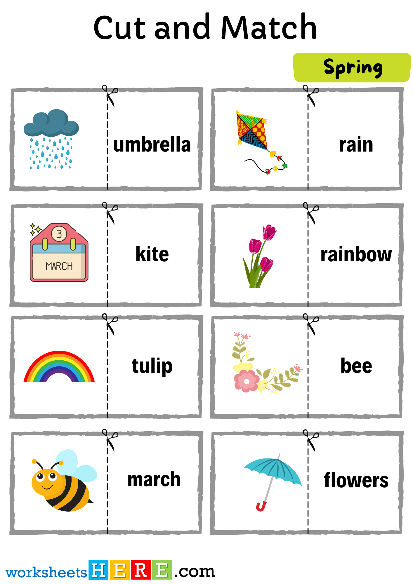 Cut and Match Spring Words with Pictures Activity Worksheets For Kids