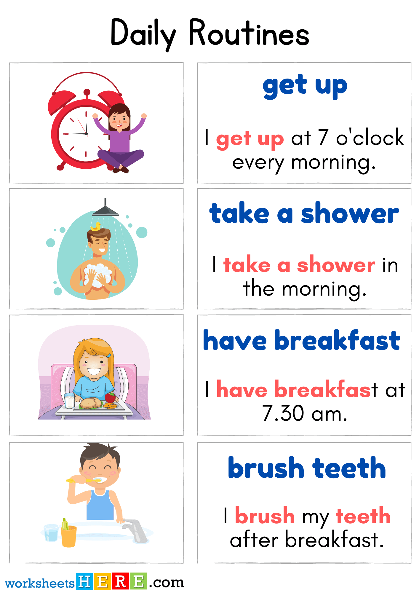 Daily Routines Verbs and Example Sentences with Pictures PDF Worksheet For Kids