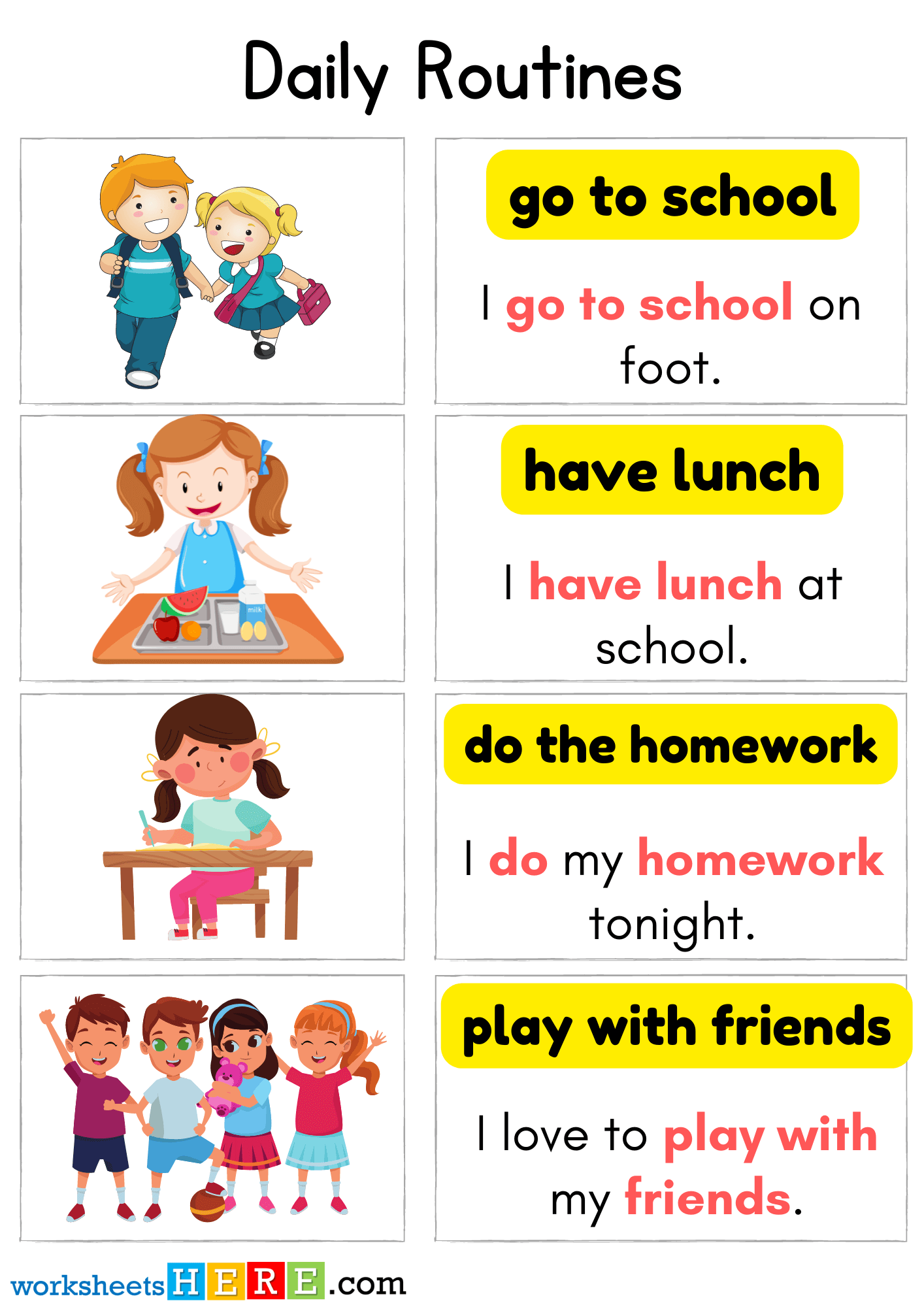Daily Routines Words with Pictures and Sentences PDF Worksheet For Kids and Students