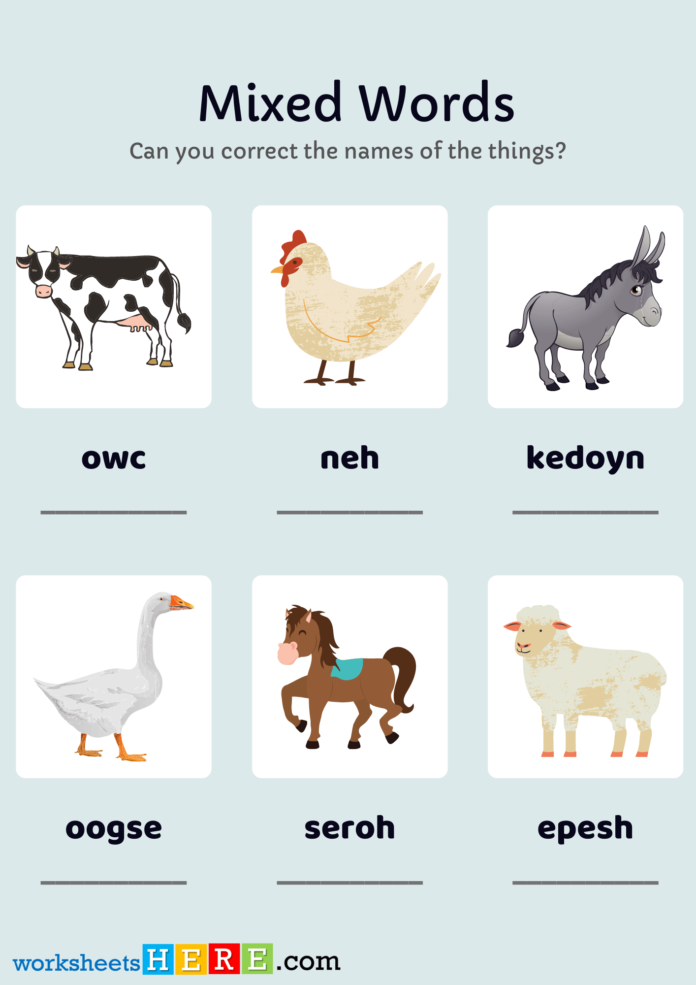 Farm Animals Names Scramble Words Find Pdf Worksheets with Pictures, Unscramble Words with Answers