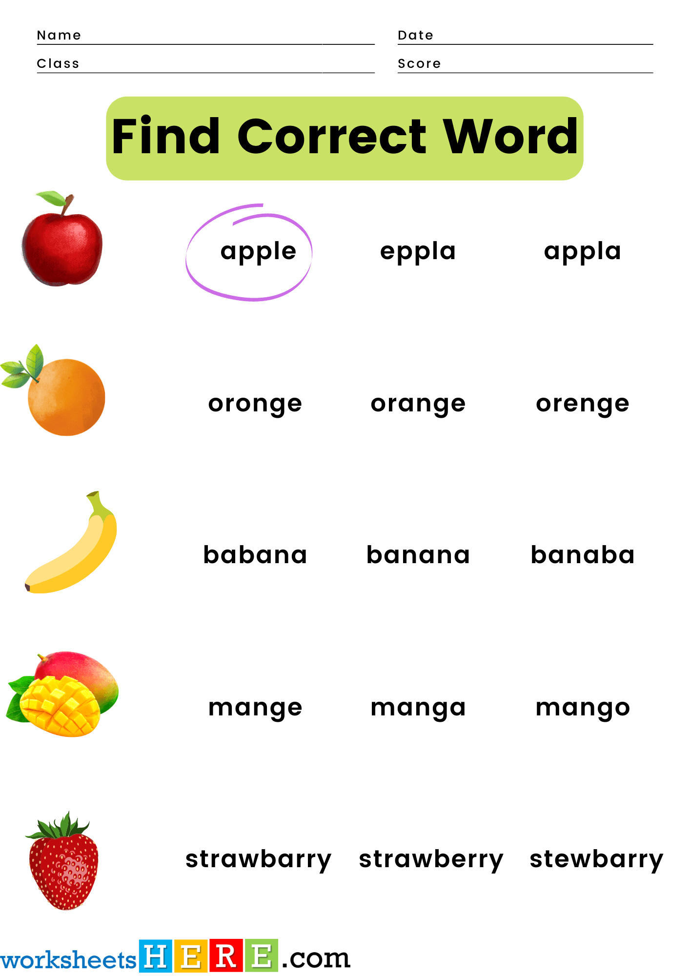Find Correct Word Activity with Fruits Pictures PDF Worksheet For Kids