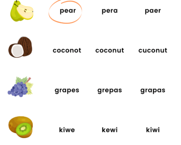 Find Correct Word Activity with Fruits Pictures PDF Worksheet For Kindergarten