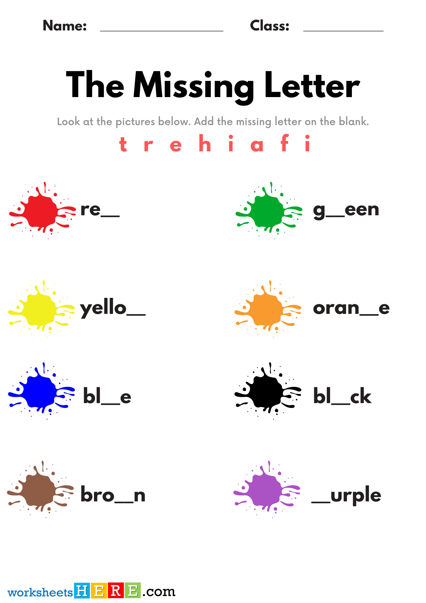 Find Missing Letters and Write, Colors Names with Pictures Missing Letter PDF Worksheets