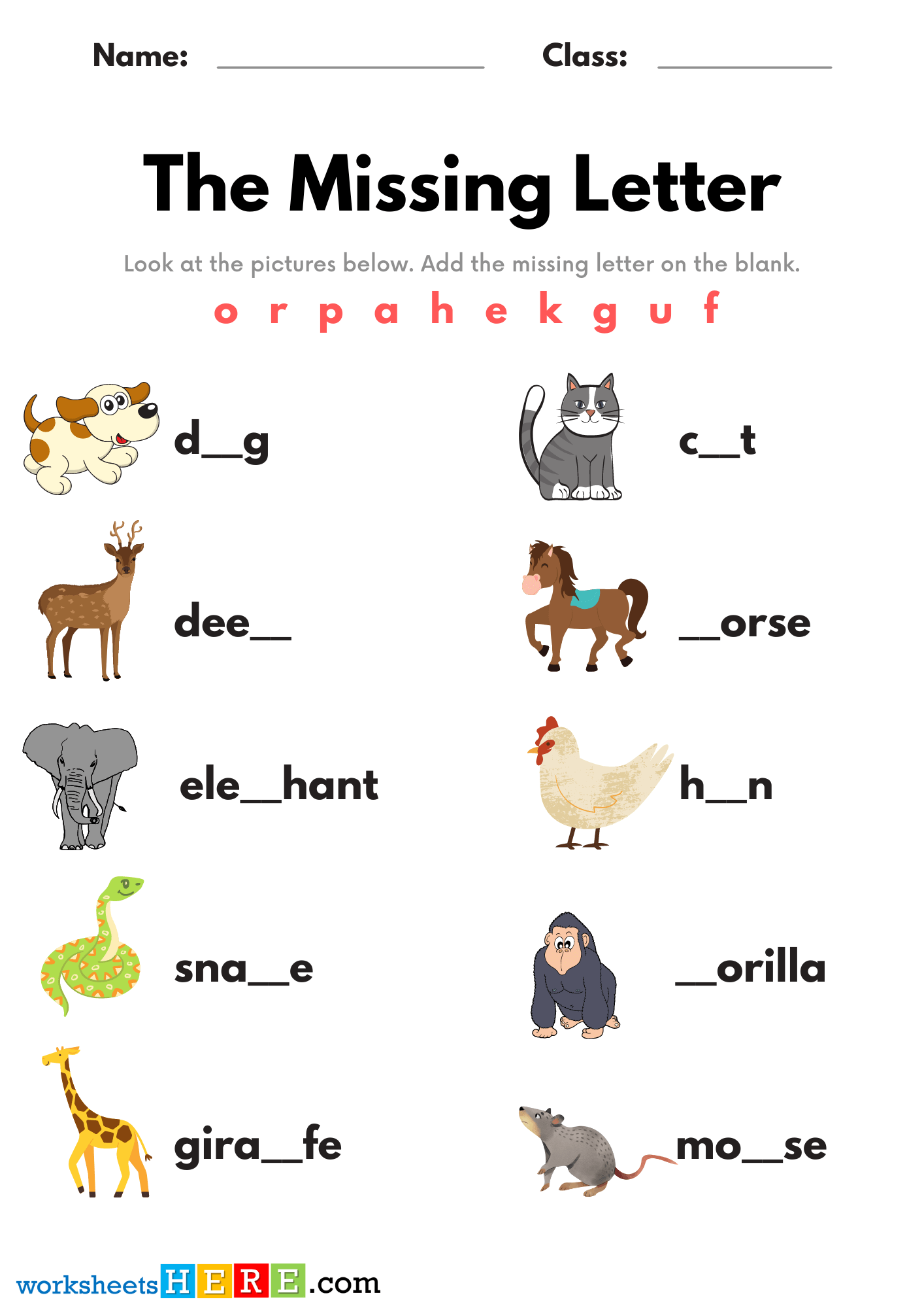 Find Missing Letters and Write, Find Animals Names Missing Letter PDF Worksheets For Kids