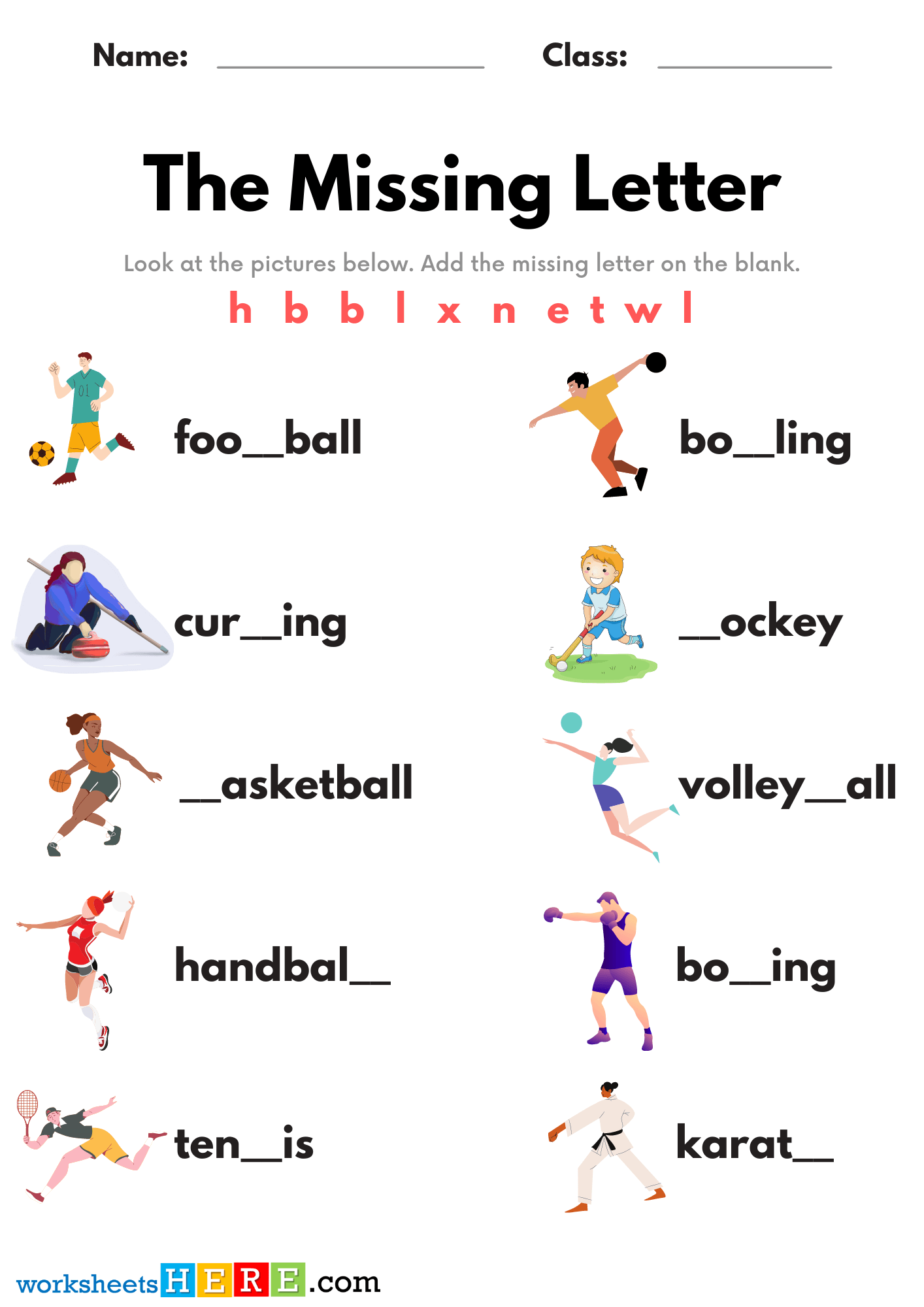 Find Missing Letters and Write, Find Sports Names Missing Letter PDF Worksheets