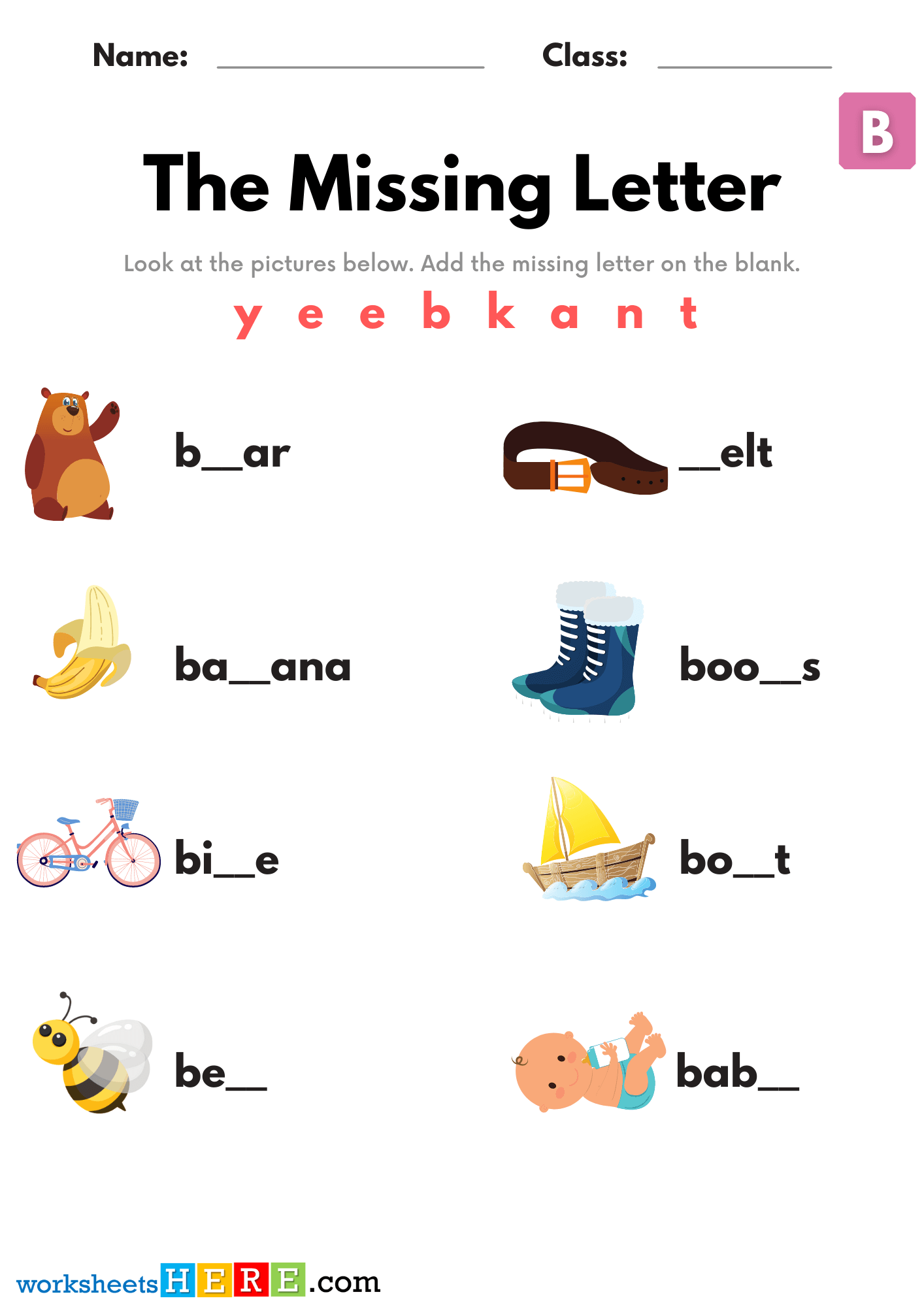 Find Missing Letters and Write, Starting Letter B Objects with Pictures PDF Worksheets