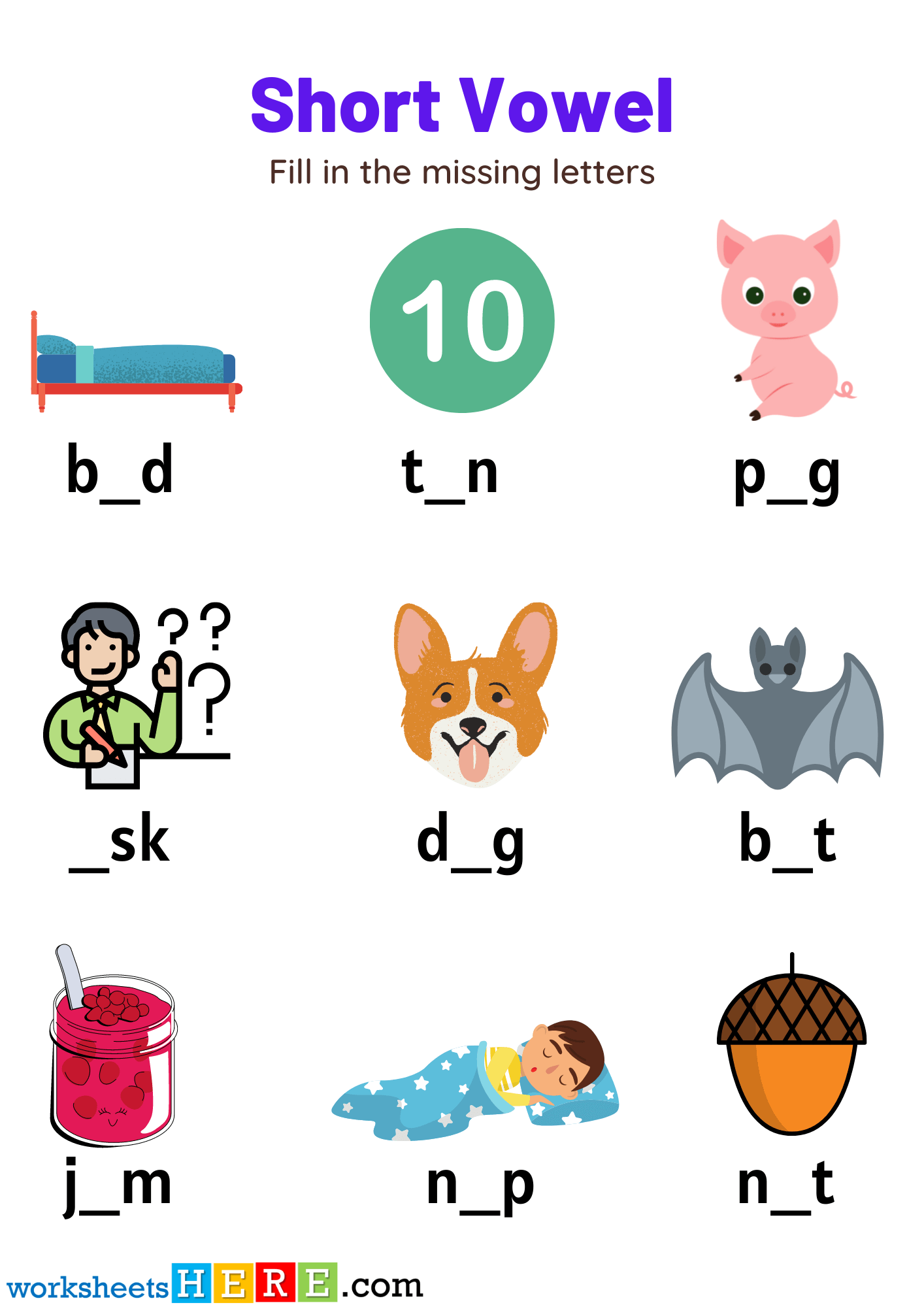 Find Missing Short Vowel Activity For Kids, Write The Missing Vowel Worksheets