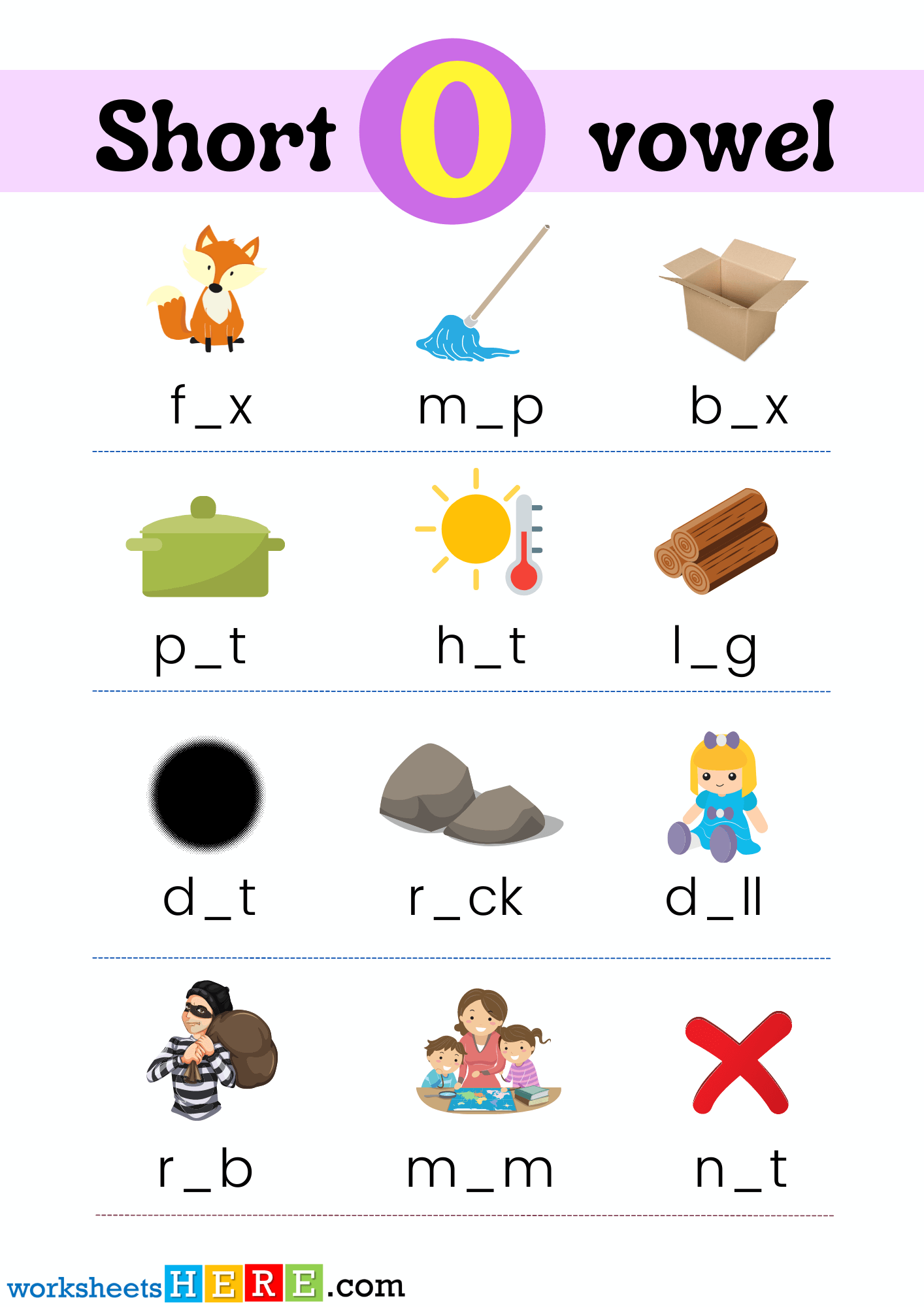 Find Missing Short Vowel O With Pictures PDF Worksheet For Kindergarten and Kids