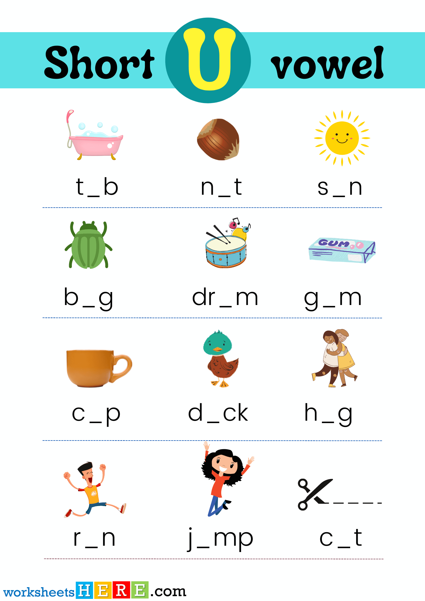 Find Missing Short Vowel U With Pictures PDF Worksheet For Kindergarten and Kids