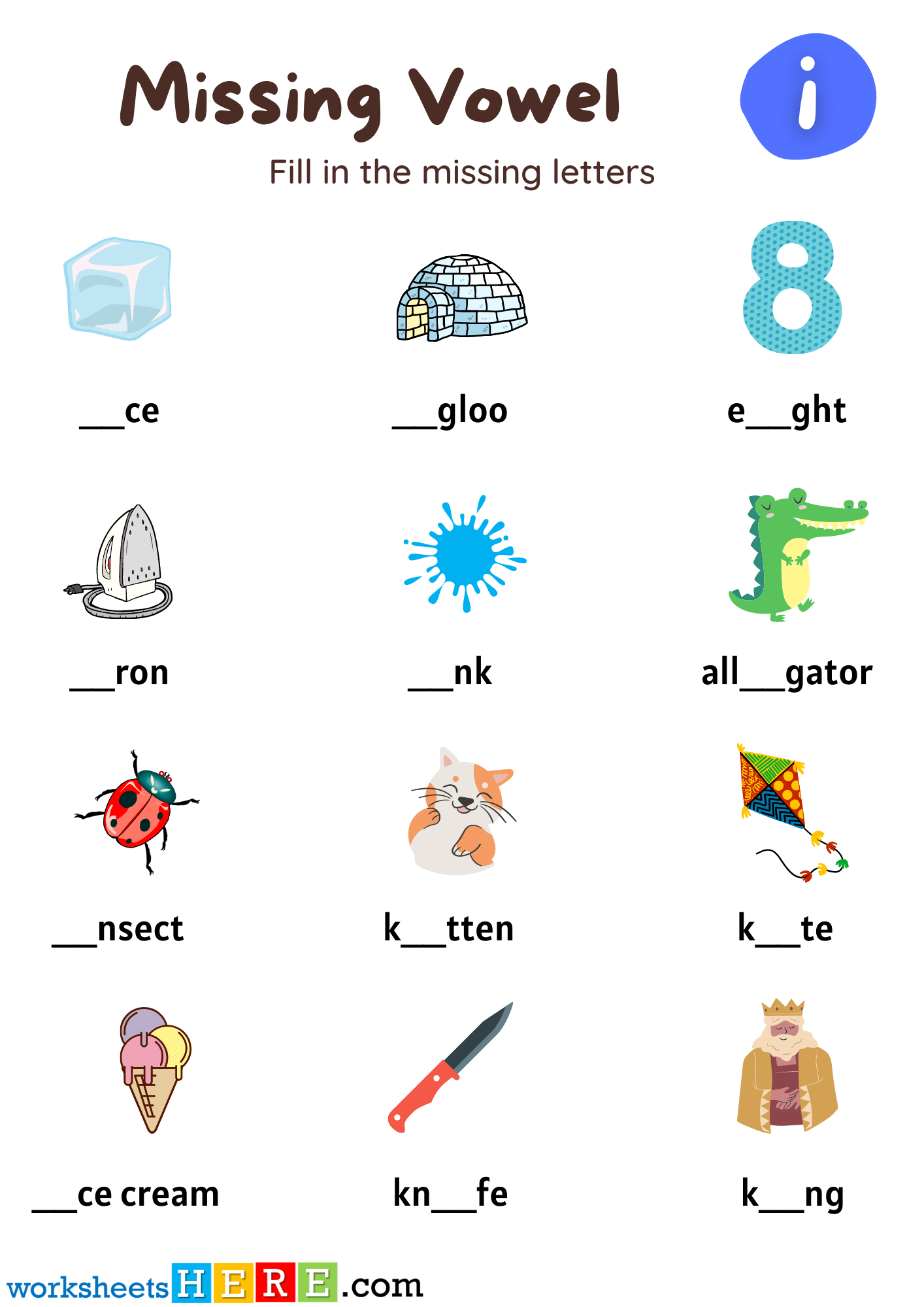 Find Missing Vowel Activity with Letter I, Write the Missing Vowel Worksheets For Kids