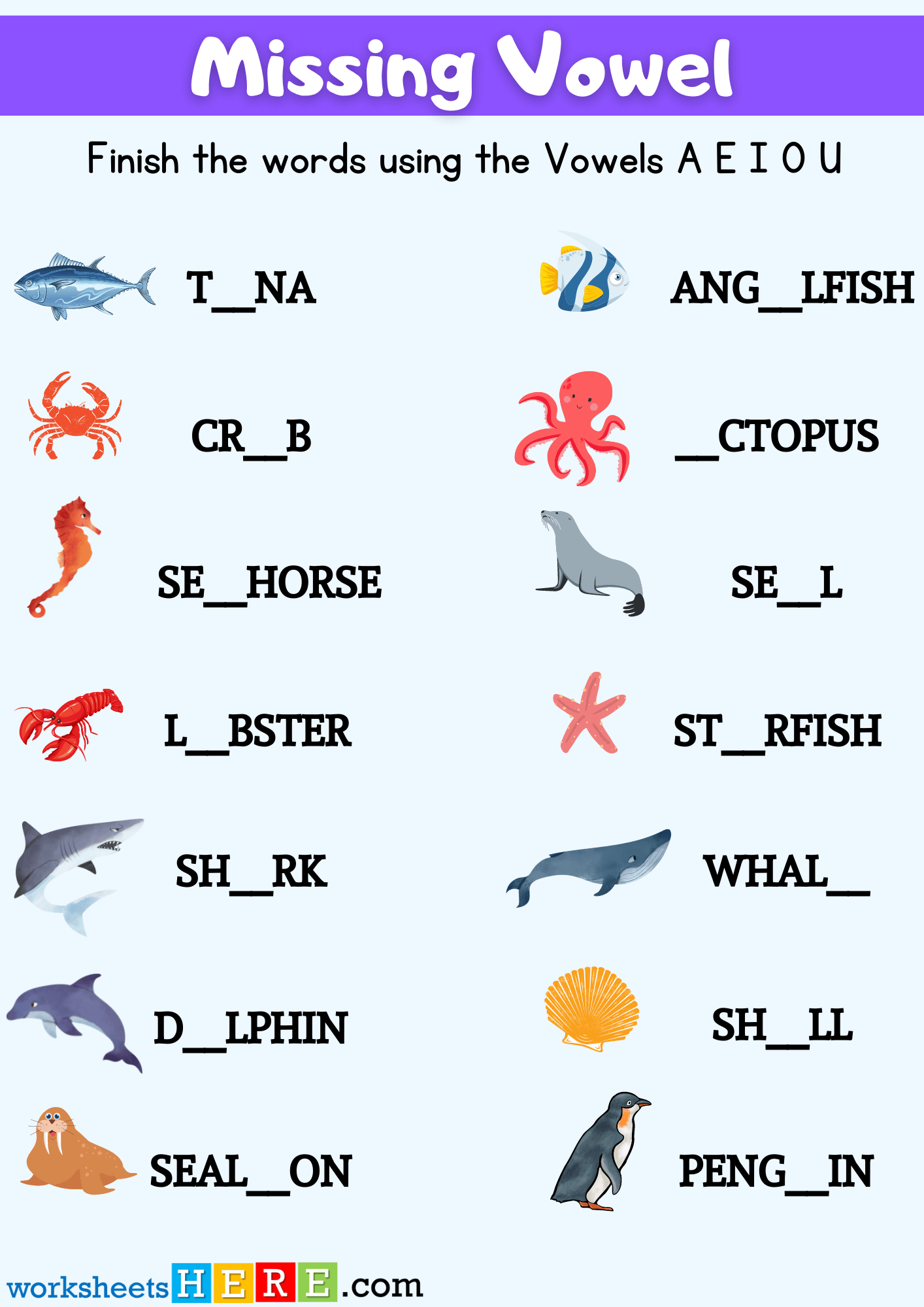 Find Missing Vowel Activity with Sea Animals For Kids, Write the Missing Vowel Worksheets