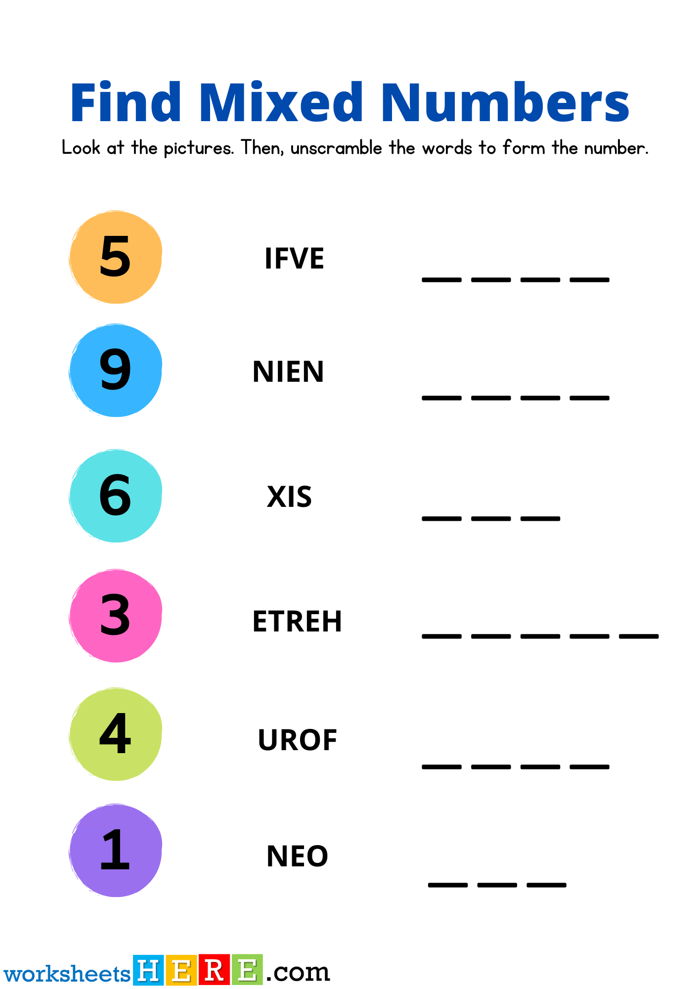 Find Mixed Numbers, Numbers Scrambles PDF Worksheet For Kids