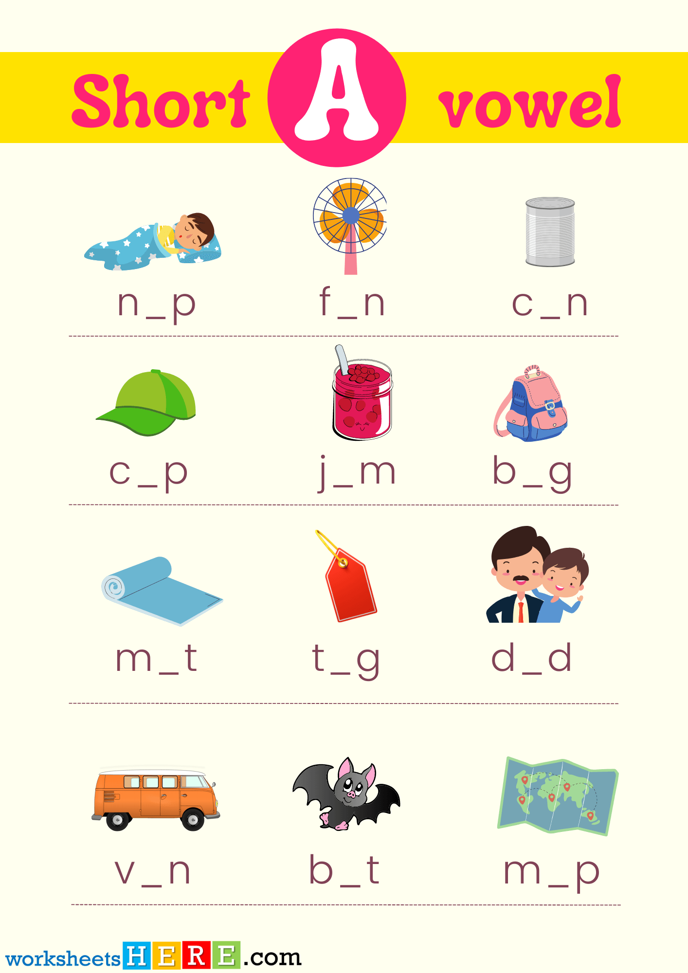 Find Missing Short Vowel A With Pictures PDF Worksheet For Kindergarten and Kids
