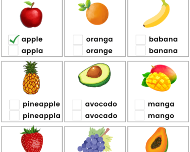 Find and Check Correct Word with Fruits Names and Pictures PDF Worksheet For Kindergarten