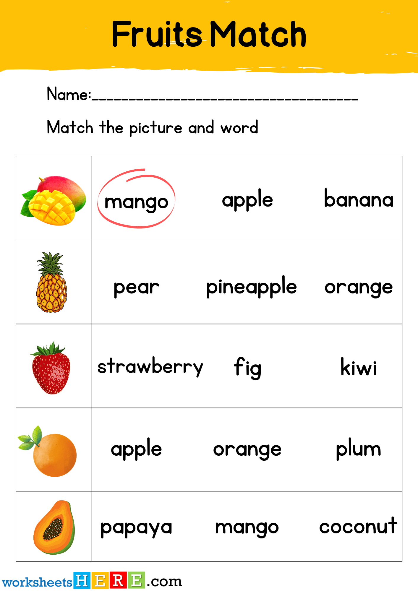 Fruits Names Match with Pictures Activity PDF Worksheet For Kindergarten