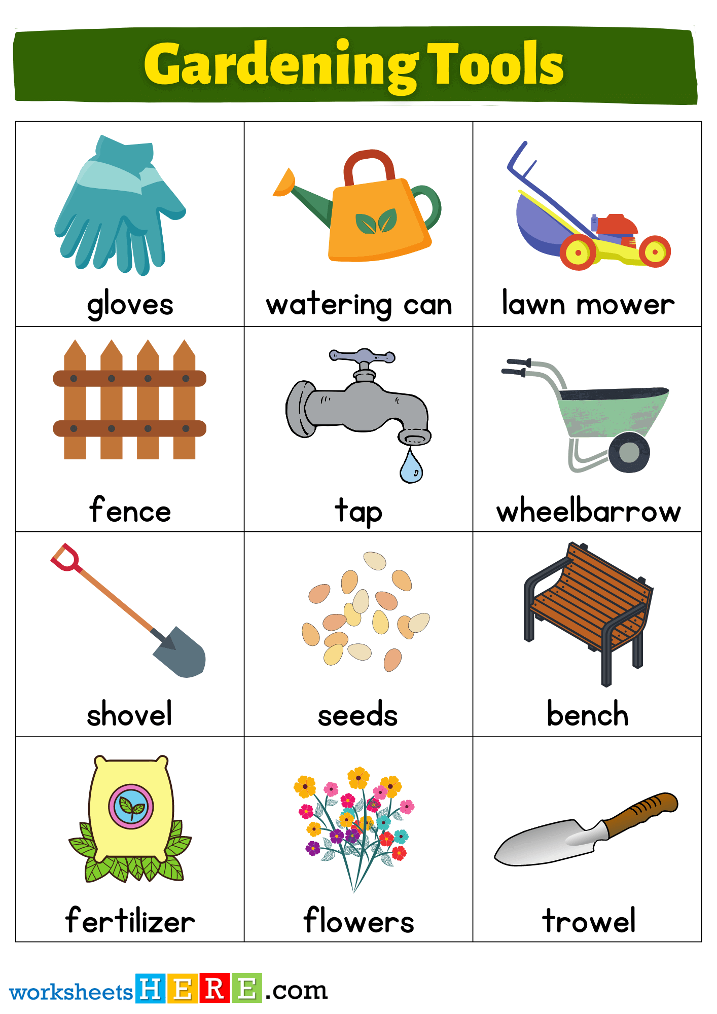 Gardening Tools Names with Pictures Flashcards PDF Worksheets For Kindergarten