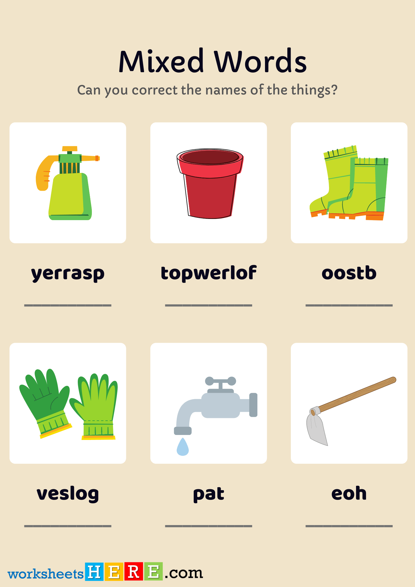 Gardening Tools Scramble Word Find Pdf Worksheets with Pictures, Unscramble Words with Answers