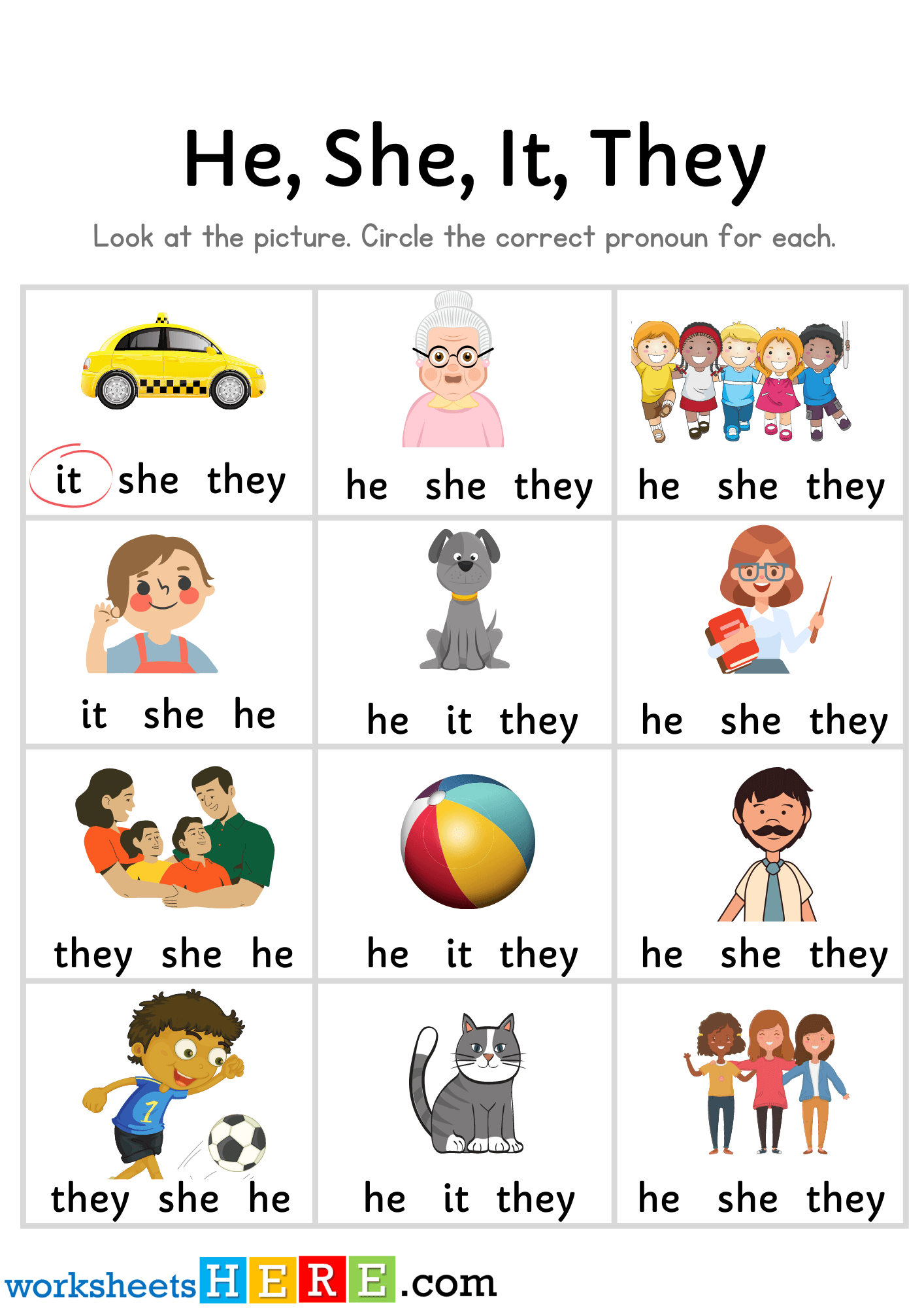 He She They It Pronouns Exercises with Pictures, Personal Pronouns PDF Worksheet
