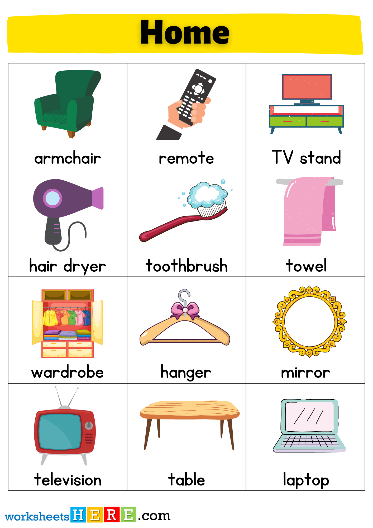 +20 Home Objects Names with Pictures Flashcards PDF Worksheets For Students