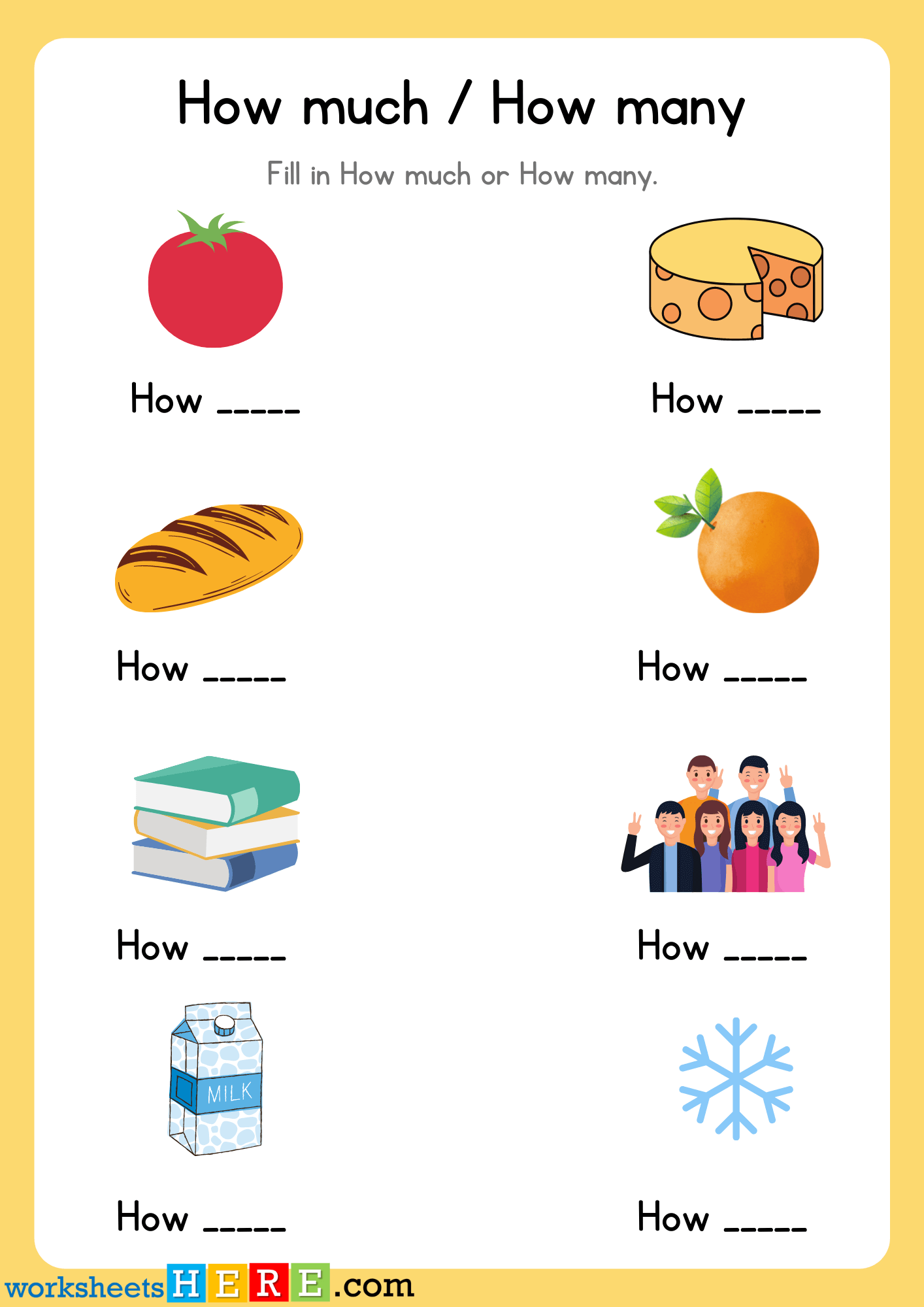 How much or How many Exercises Examples PDF Worksheet For Kids