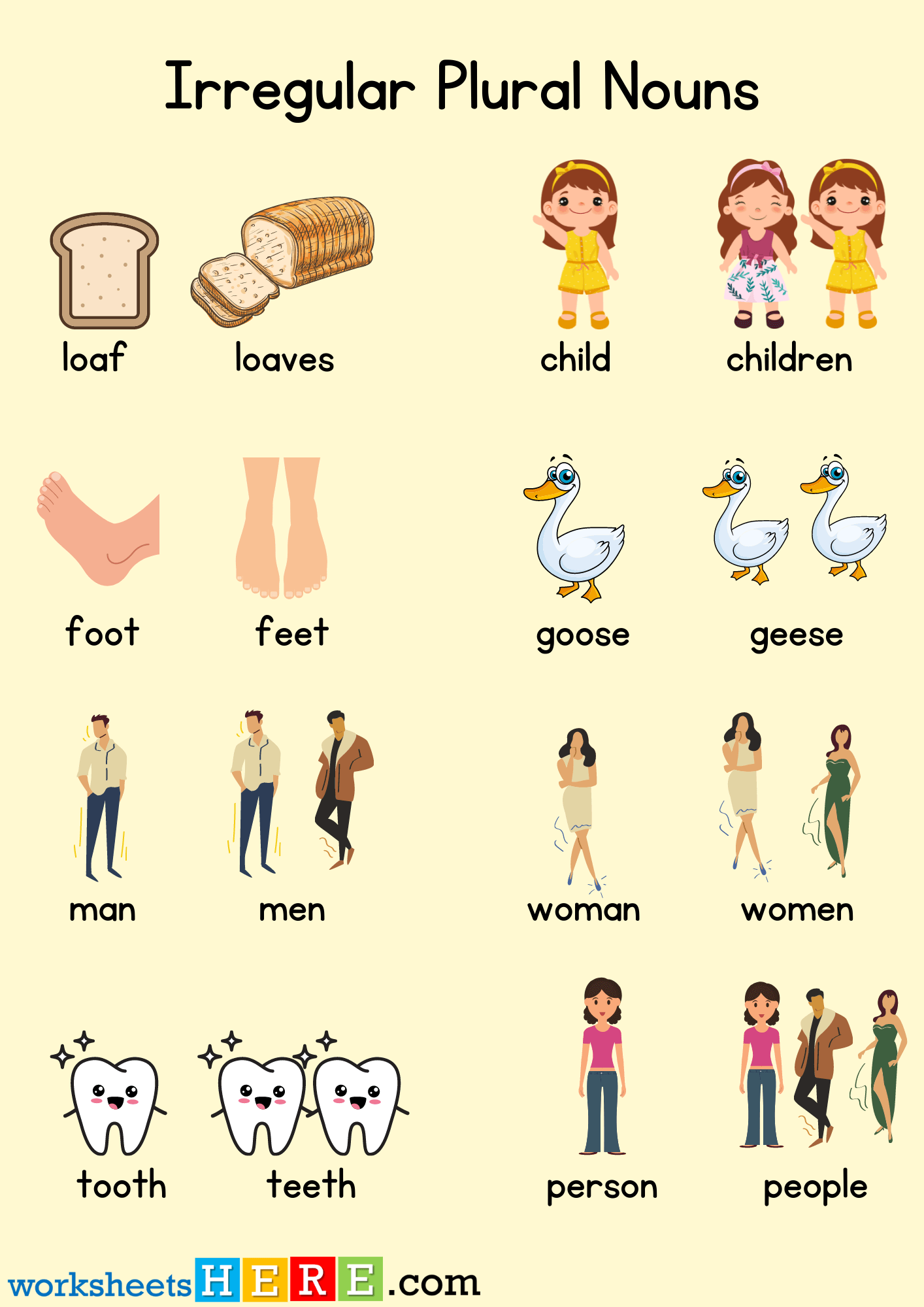 Irregular Plural Nouns List with Pictures PDF Worksheet For Kids