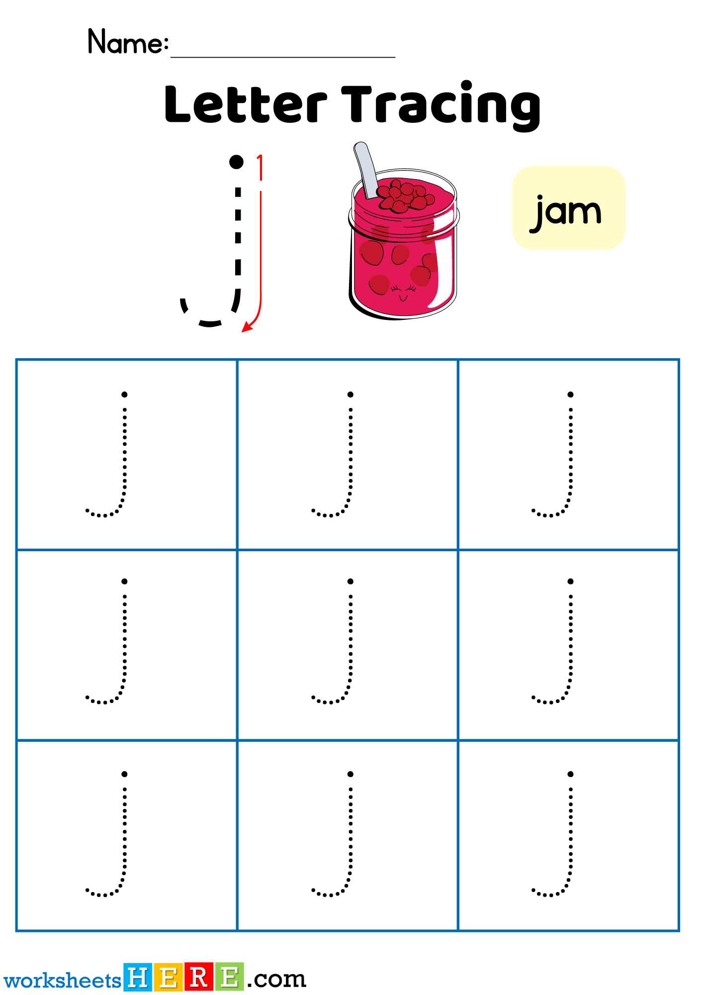 Letter J Tracing PDF Worksheet, Alphabet J Tracing For Kindergarten