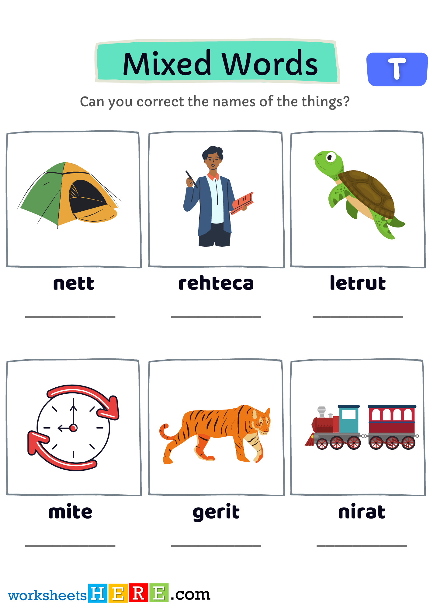 Letter T Scramble Words Find Pdf Worksheets with Pictures, Unscramble Words with Answers