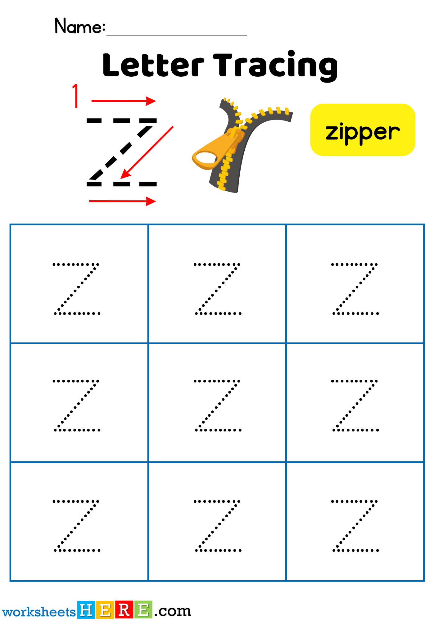 Letter Z Tracing PDF Worksheet, Alphabet Z Tracing For Kindergarten