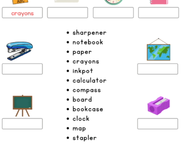 Look at The Picture and Write Correct Classroom Objects Names PDF Worksheet For Kids
