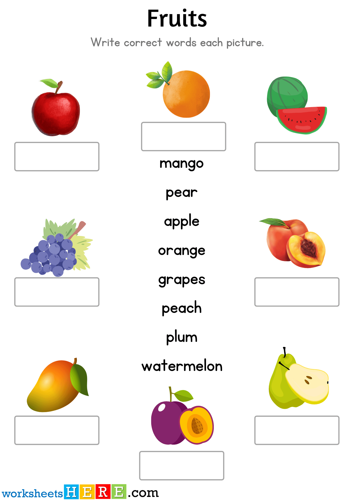Look at The Picture and Write Correct Fruit Names PDF Worksheet For Kids