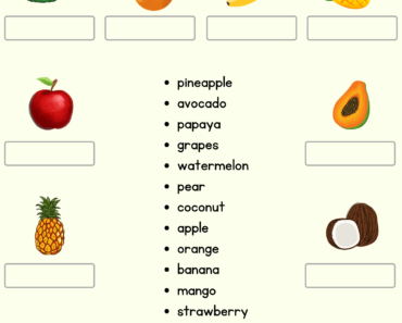 Look at The Picture and Write Correct Fruit Names PDF Worksheet For Kindergarten