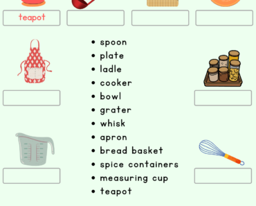 Look at The Picture and Write Correct Kitchen Tools Names PDF Worksheet For Kids