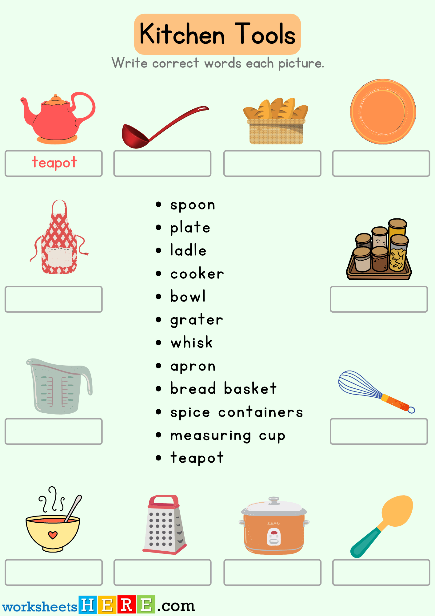 Look at The Picture and Write Correct Kitchen Tools Names PDF Worksheet For Kids