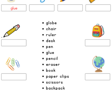 Look at The Picture and Write Correct School Objects Names PDF Worksheet For Kindergarten