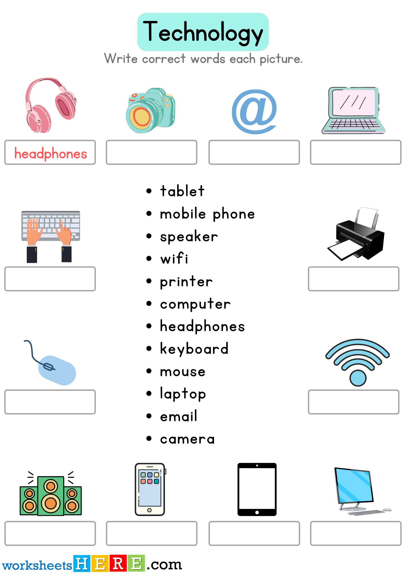 Look at The Picture and Write Correct Technology Names PDF Worksheet For Kids