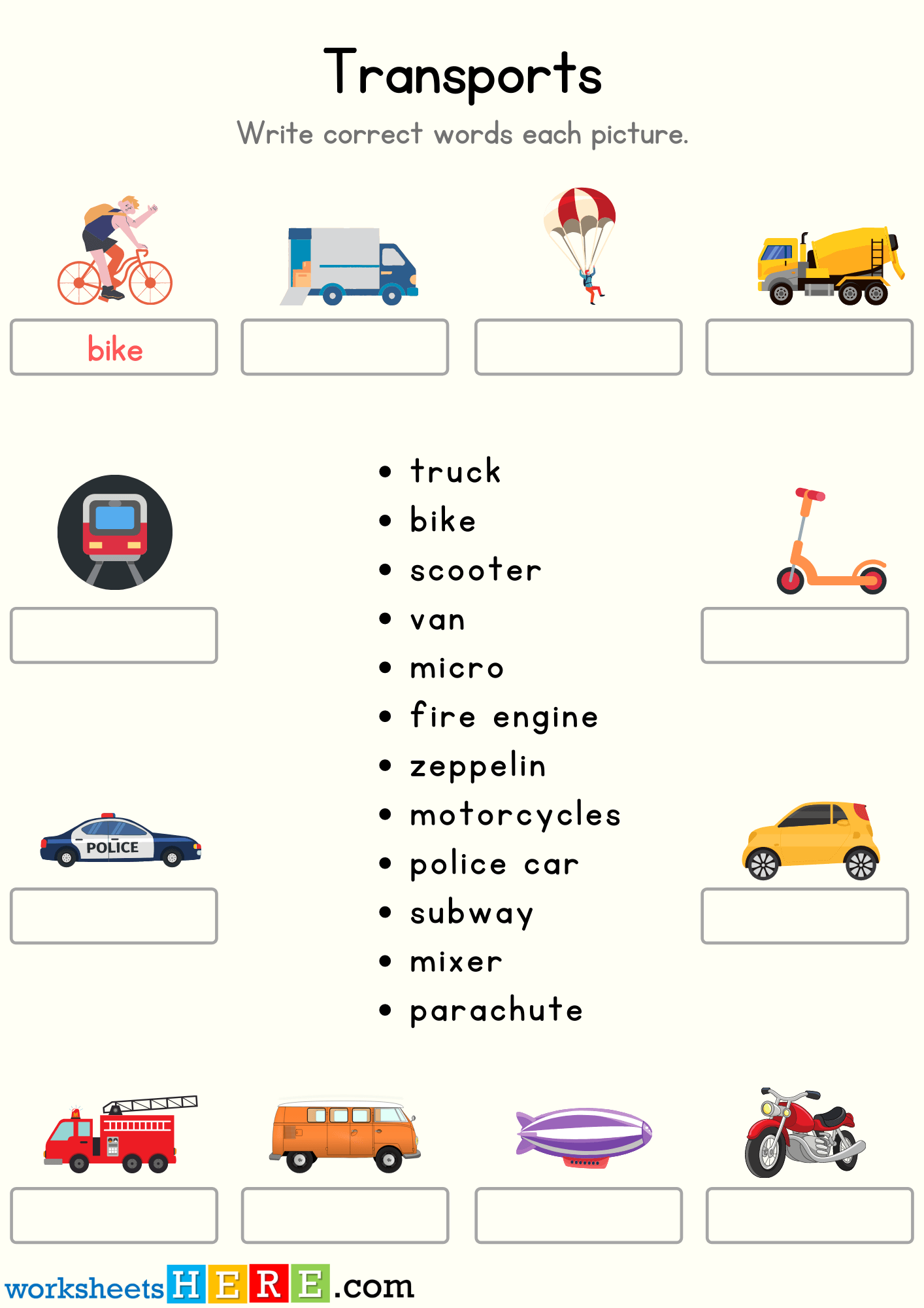 Look at The Picture and Write Correct Transportation Names PDF Worksheet For Kindergarten