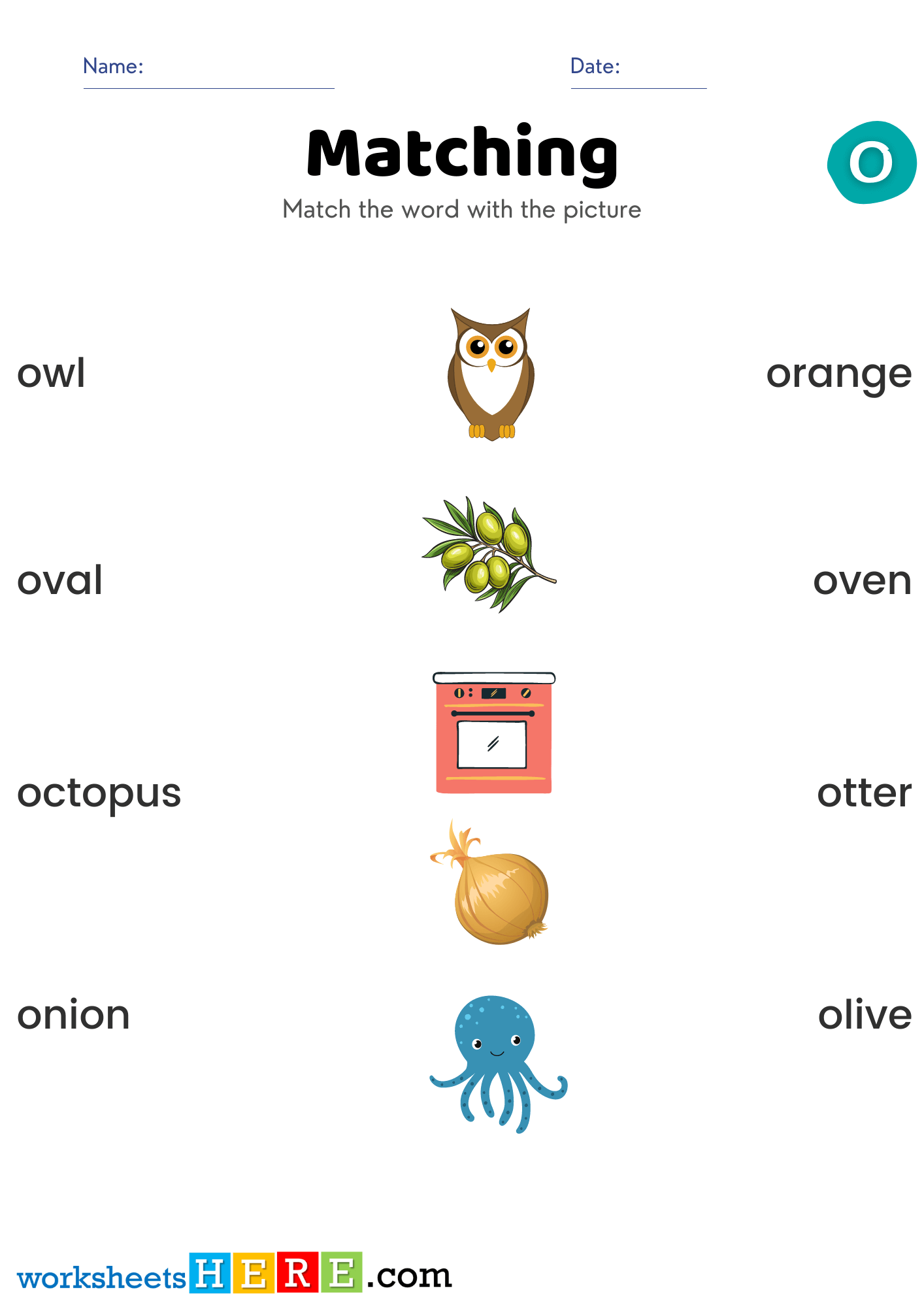 Match Alphabet Letter Start with O Pictures and Names PDF Worksheets For Kindergarten