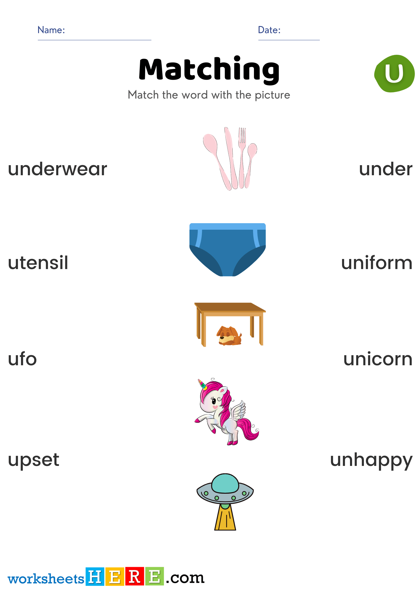 Match Alphabet Letter Start with U Pictures and Names PDF Worksheets For Kindergarten