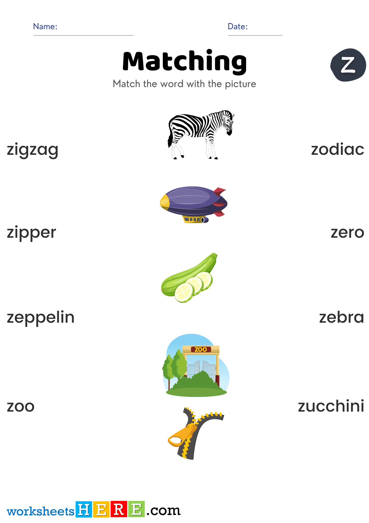 Match Alphabet Letter Start with Z Pictures and Names PDF Worksheets For Kindergarten