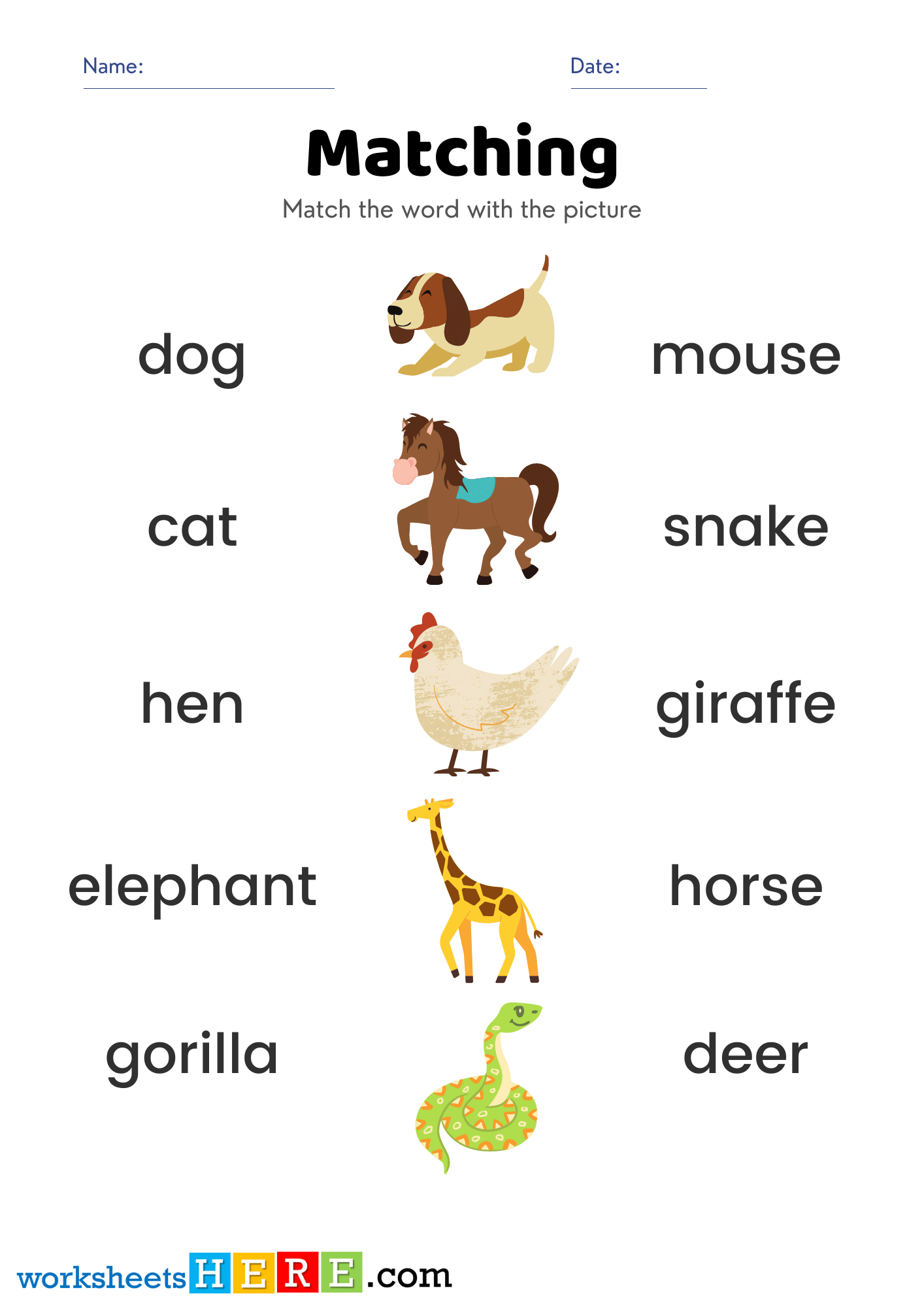 Match Animals Pictures and Names Activity PDF Worksheets For Kids