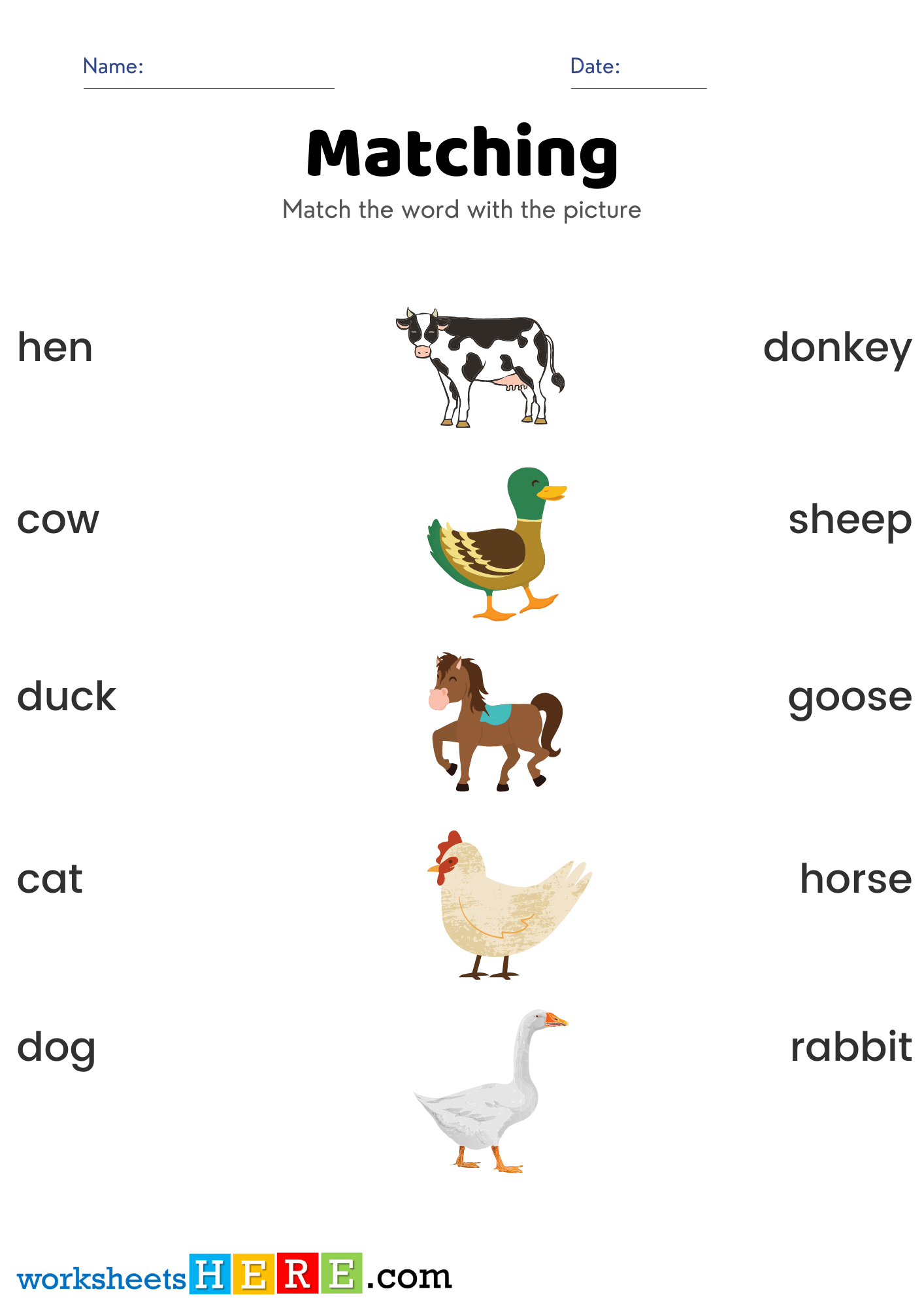 Match Farm Animals Pictures and Names Activity PDF Worksheets For Kids